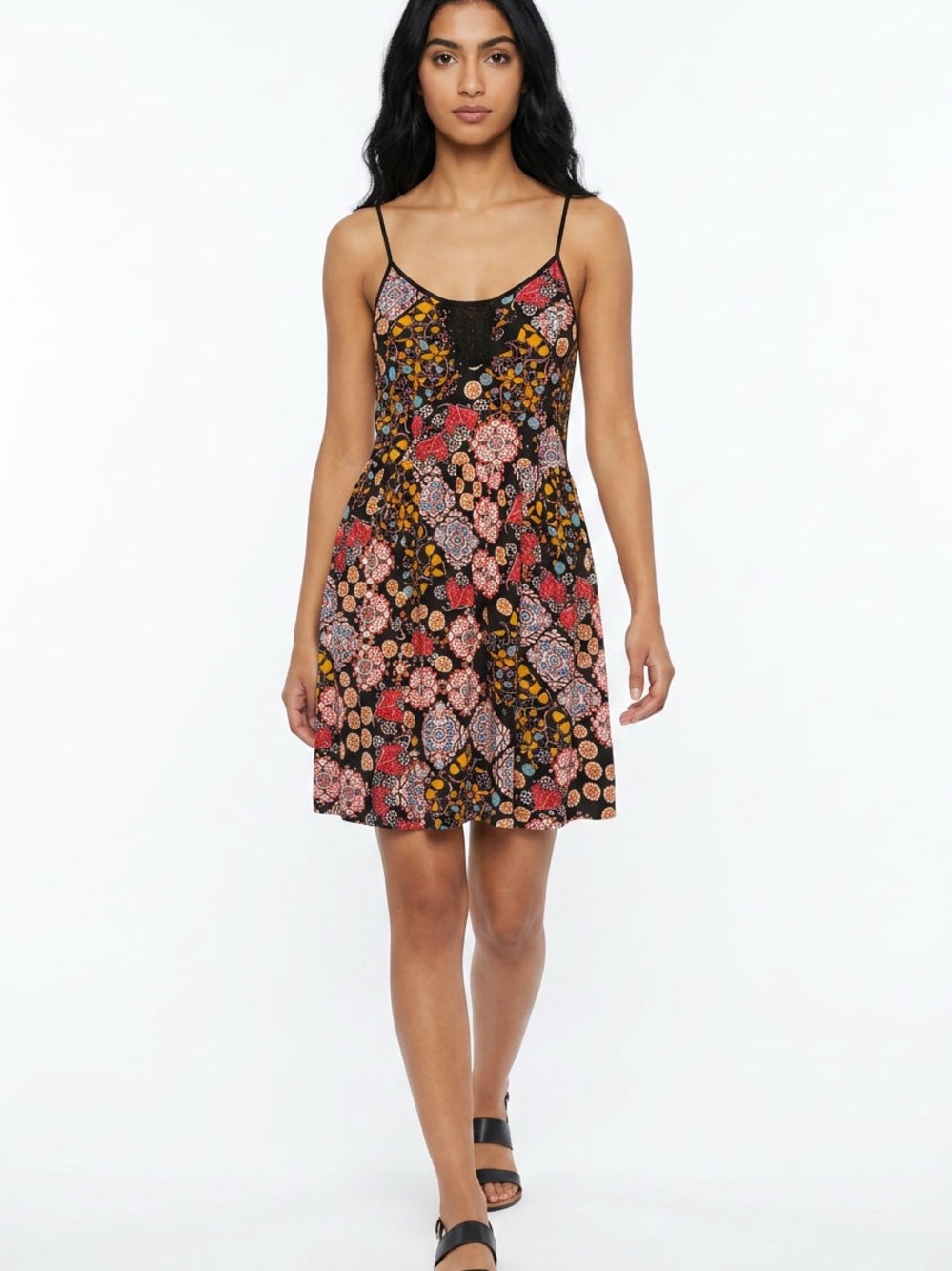 Band of Gypsies Black Floral Patchwork Mini Dress with Pink & Yellow Accents